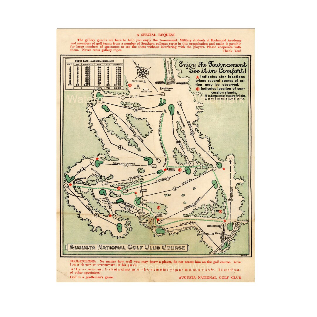 1954 Golf Décor Wall Art - 4th Day Broadside Fan Map Augusta National Golf Club - Masters Pairin... | Etsy (US)