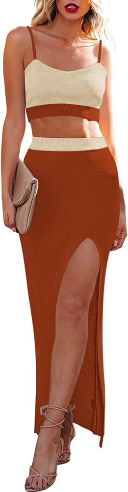 Cutiefox Women's Knit 2 Piece Dress Cami Crop Top High Side Slit Bodycon Long Skirt Set | Amazon (US)