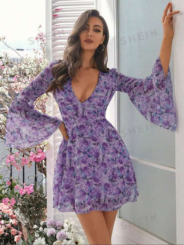 Double Crazy Floral Print Flounce Sleeve Plunging Neck Flared-hem Dress | SHEIN
