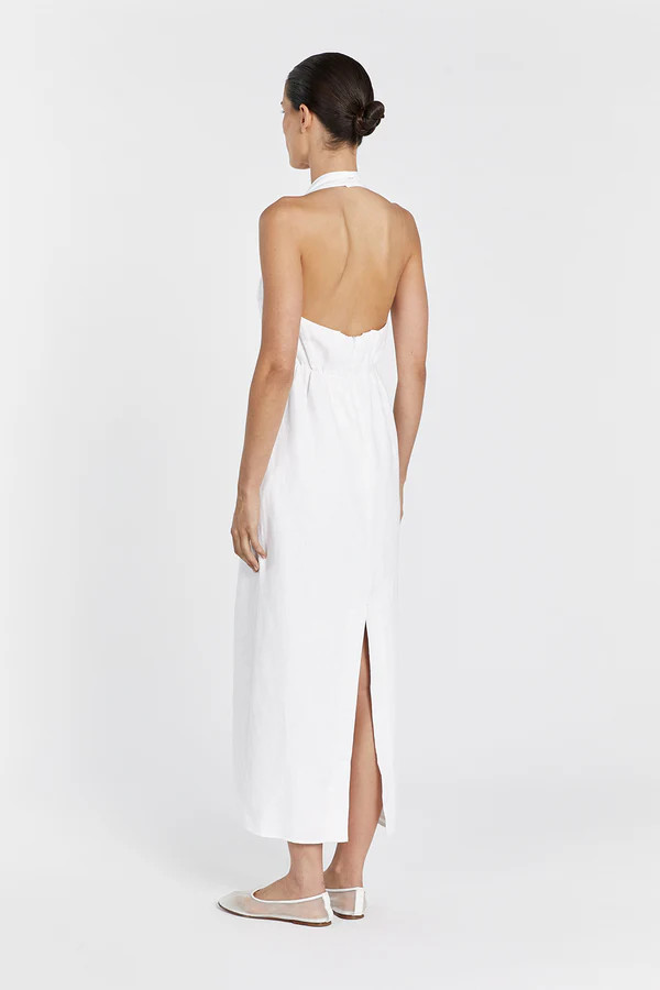 LEO WHITE HALTER LINEN MIDI DRESS | DISSH