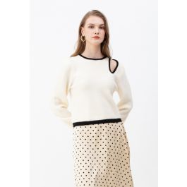 Contrast Color Cut Out Shoulder Knit Sweater in Ivory | Chicwish