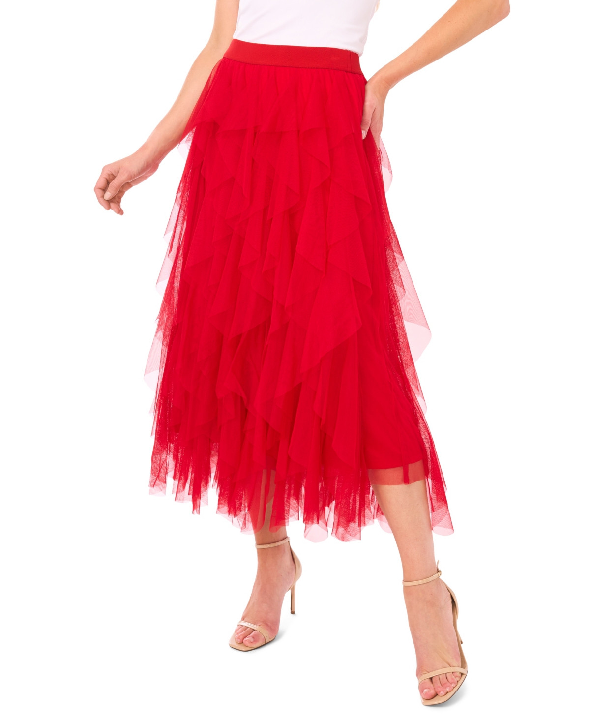 CeCe Women's Pull-On Ruffled Tulle Midi Skirt - Stoplight Red | Macy's