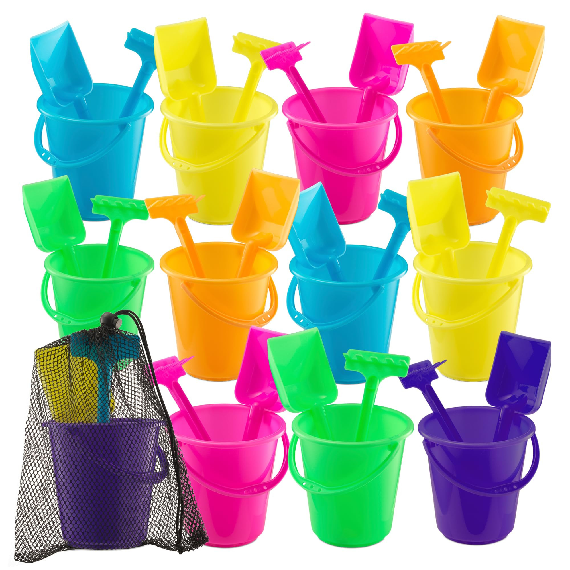 Mini 4.5-Inch Beach Buckets for Kids - (12 Pack) Sand Buckets and Shovels w/Rakes & Mesh Bags - S... | Amazon (US)