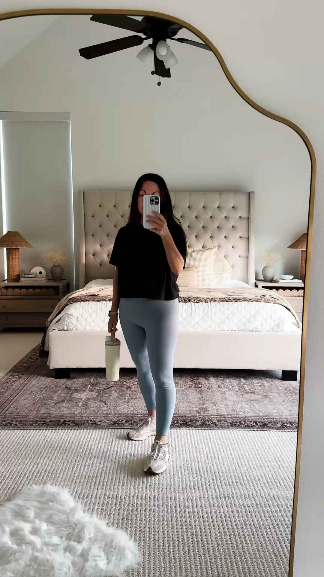 Casual everyday athleisure summer outfit you can actually wear out of the house 🤍 #affiliatelink soft blue leggings, oversized black tee, and neutral sneakers (tennis shoes) for an easy mom outfit, walking outfit, or errands look that still feels put together. This outfit is perfect as a travel outfit too. These leggings are buttery soft and flattering, and I love how this whole look mixes comfort with a clean, minimal aesthetic. Perfect for daily wear, travel days, or casual summer outfits. Follow me on LTK for daily fashion, home decor & Amazon finds.

#LTKootd #LTKActive #LTKdayinmylife
