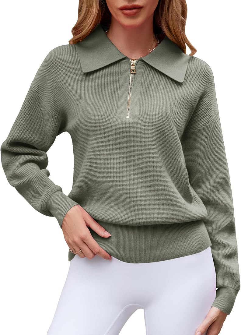 Micoson Women's Long Sleeve Half Zip Pullover Sweaters Casual V Neck Collared Waffle Knit Loose J... | Amazon (US)