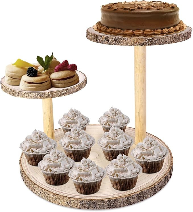 Ayfjovs 3 Tiered Wood Cupcake Stand, Rustic Wood Cake Stand, Wood Dessert Display Tray, Detachabl... | Amazon (US)