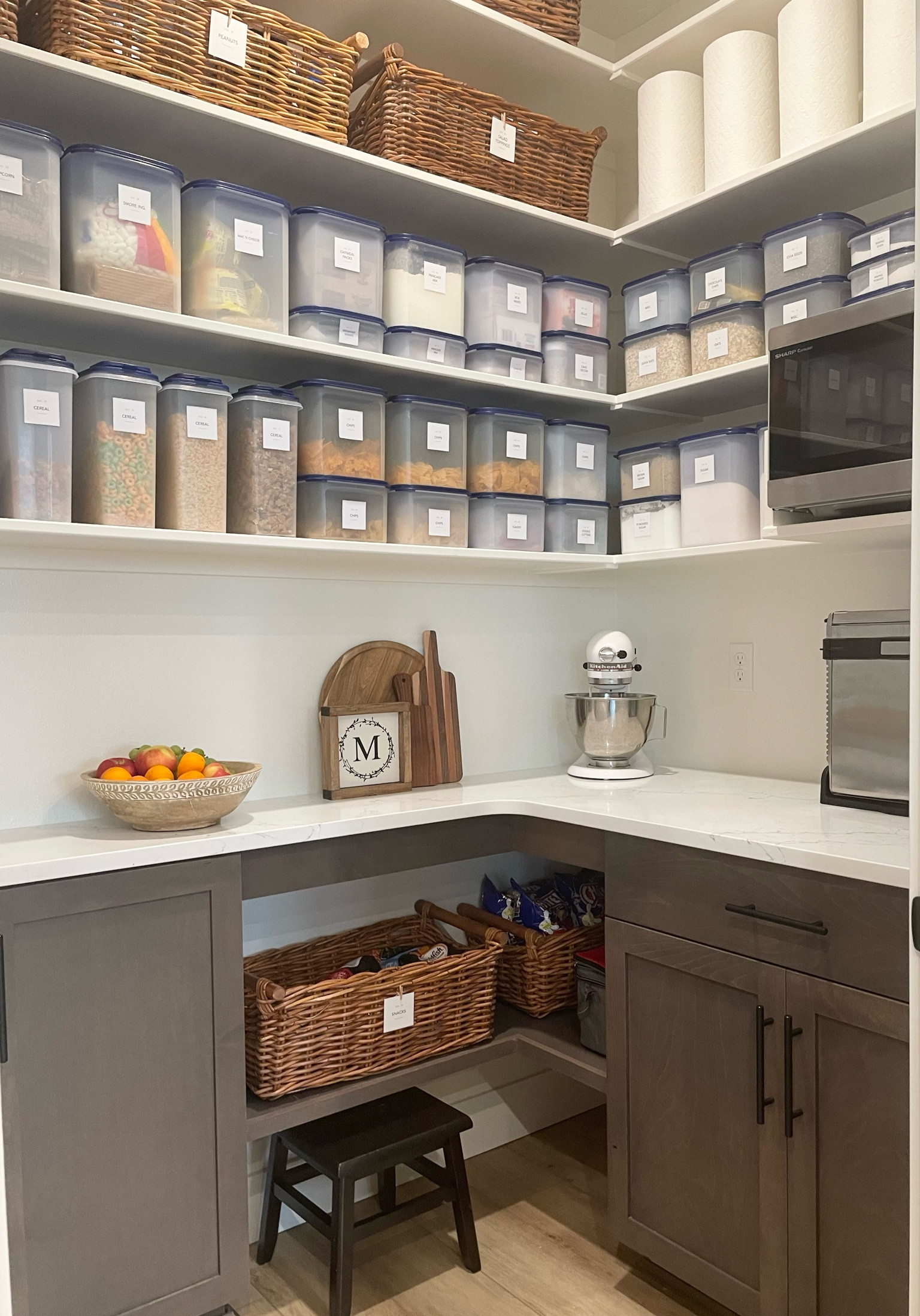 Pantry organization with Tupperware modular mates and baskets 