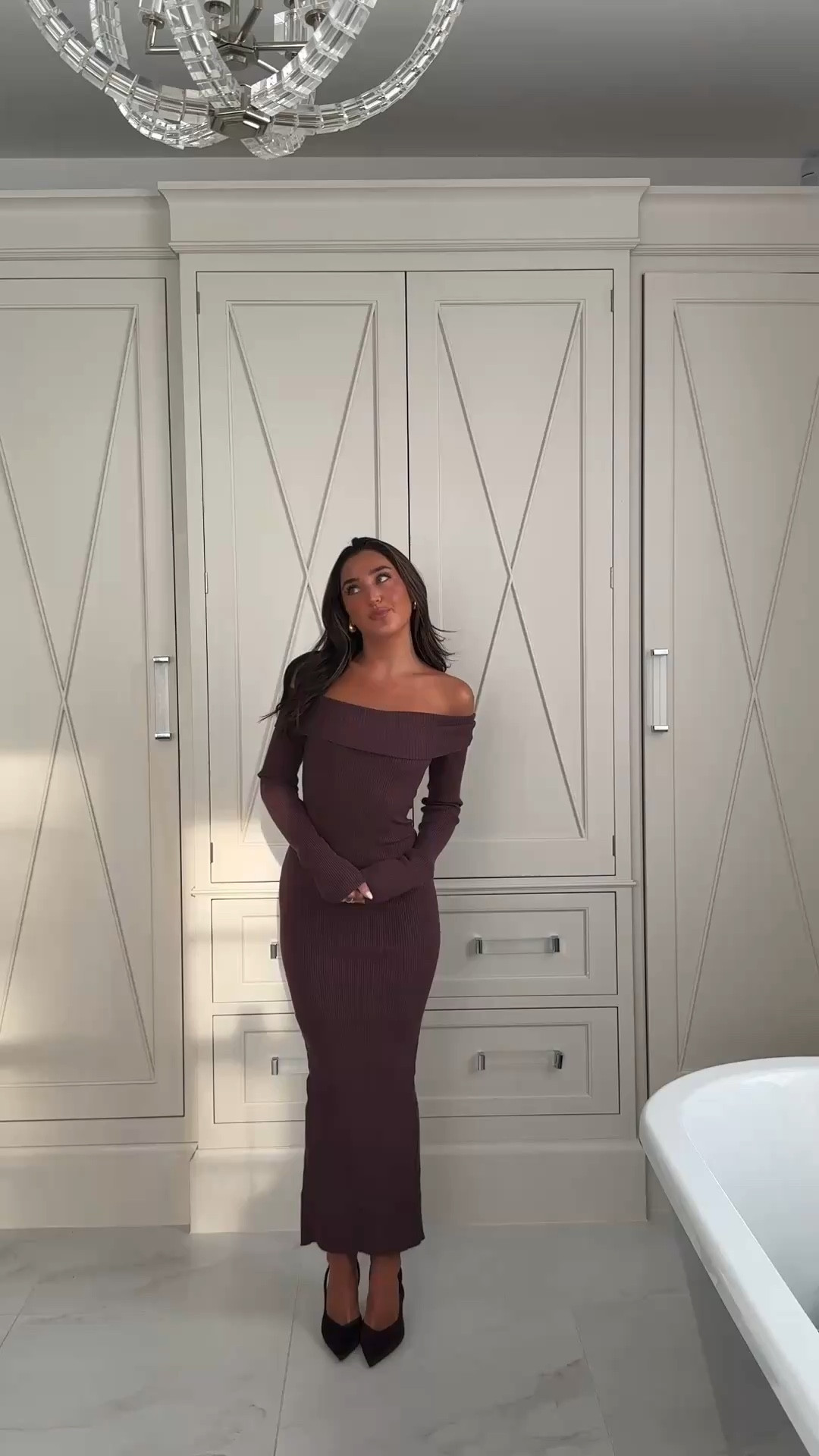 off the shoulder dress, midi dress, figure hugging dress, chocolate brown dress, date night outfit 

#LTKuk #LTKdresses #LTKdatenight