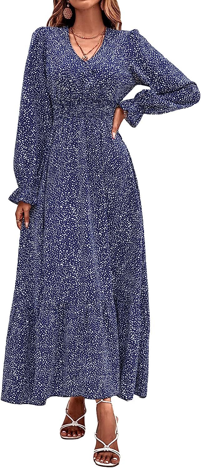 SweatyRocks Women's Boho Floral Print V Neck Flounce Sleeve High Waist Flowy A Line Maxi Dress | Amazon (US)