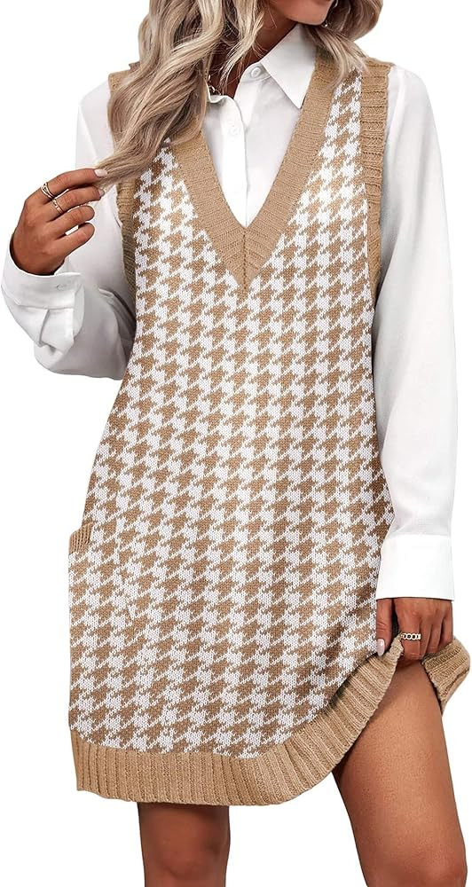 Zeagoo Sweater Vest Dress Pattern V Neck Tank Sweater Dress | Amazon (US)