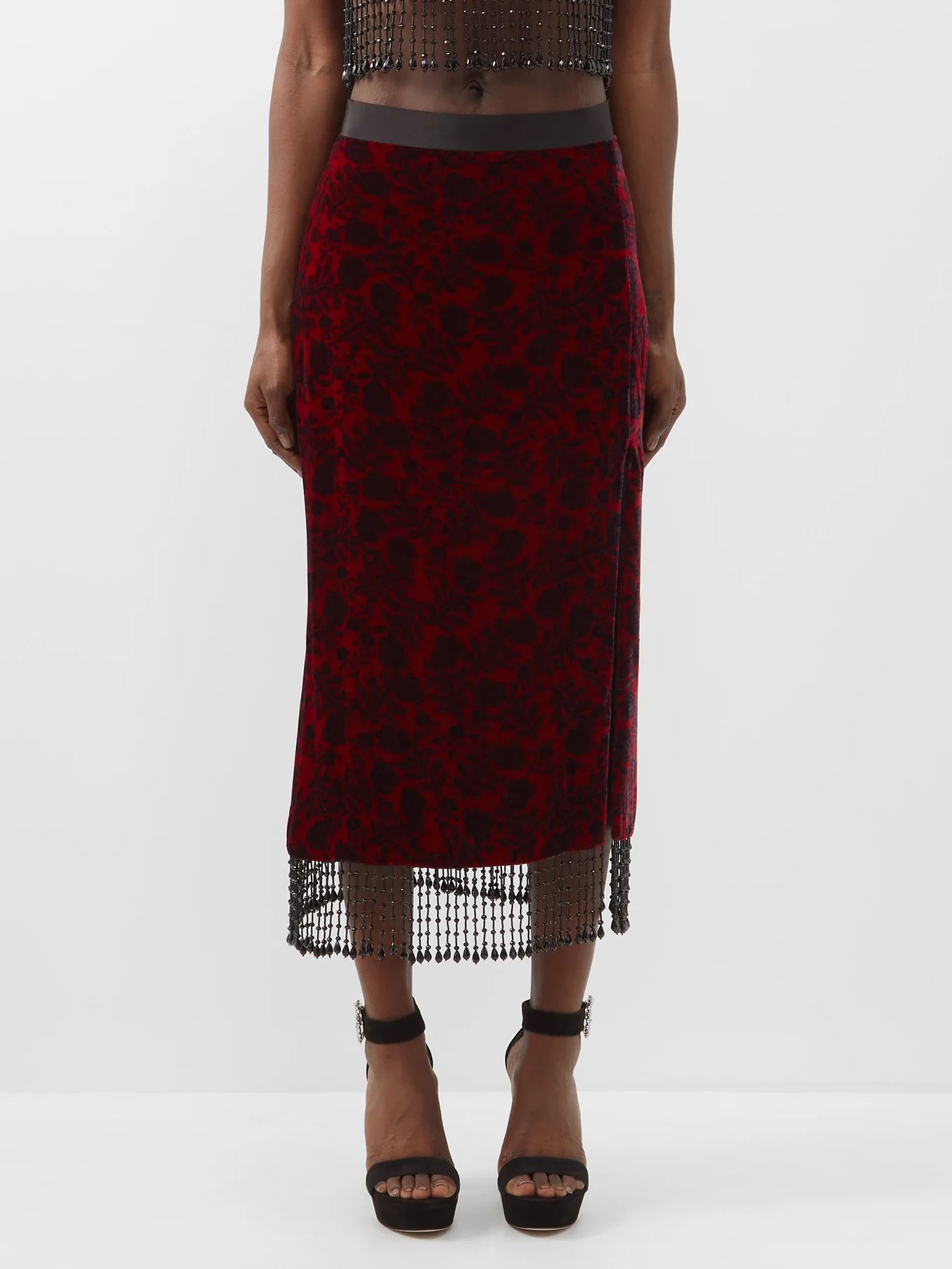 Kirsten D floral-print beaded velvet midi skirt | Matches (US)
