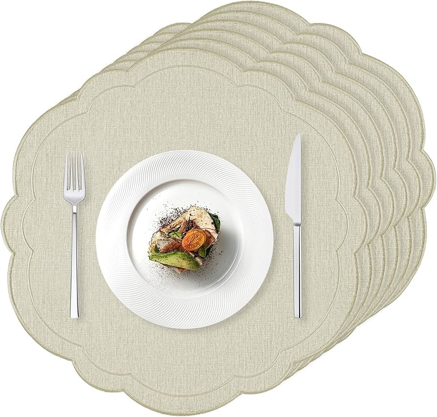 Set of 6 Beige Cotton Linen Placemats 15 Inch Embroidery Scalloped Placemats Pure Floral Table Ma... | Amazon (US)