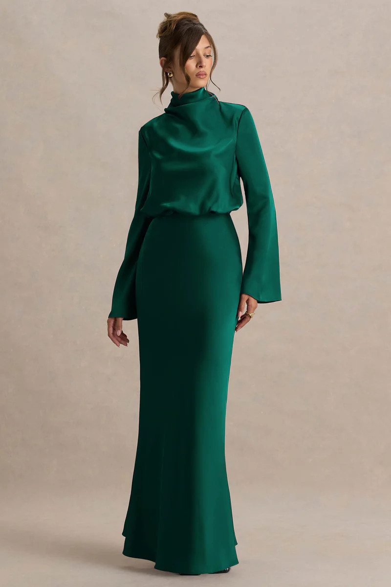 Celina  Bottle Green Satin High-Neck Maxi Dress | Club L London