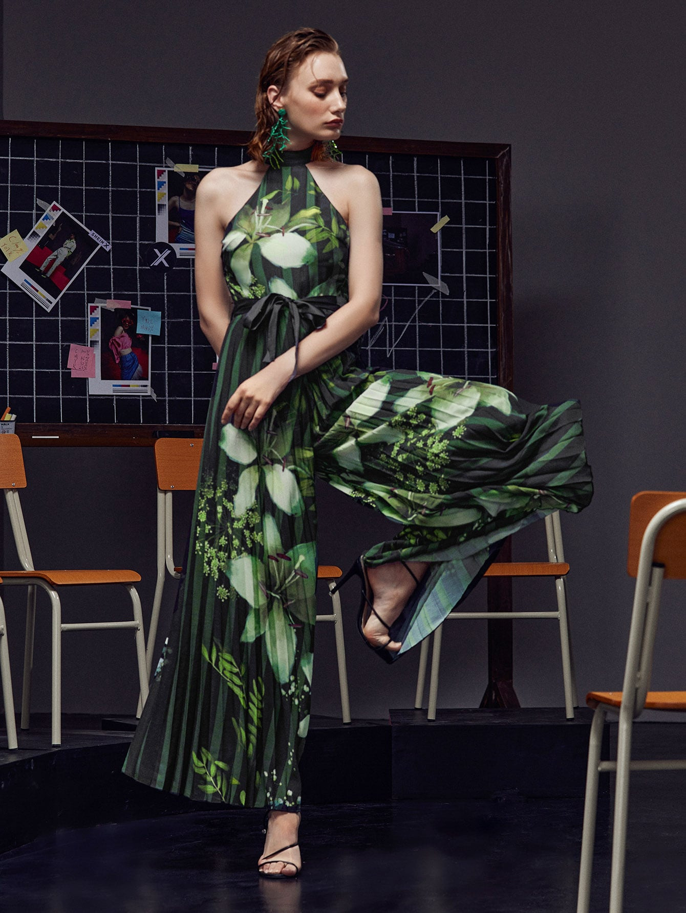 SHEIN X KAYLEIGH PAINE Floral Print Pleated Wide Leg Belted Halter Jumpsuit | SHEIN