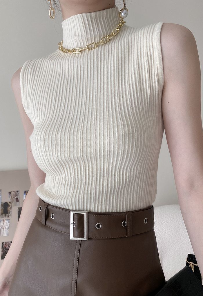Mock Neck Sleeveless Textured Knit Top in White | Chicwish