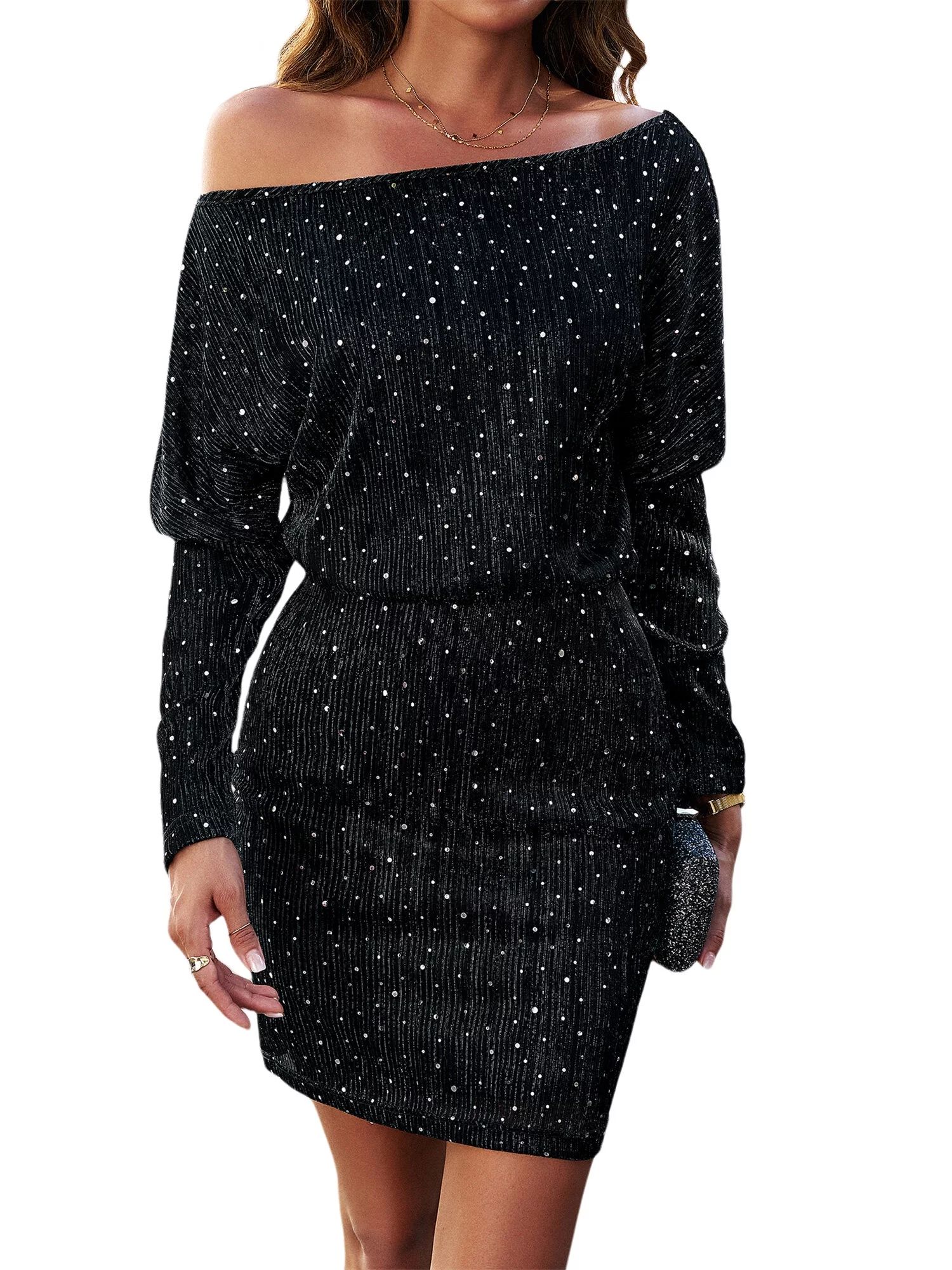 Hibeli Women Glitter Sequin Off Shoulder Long Sleeve Mini Bodycon Dress | Walmart (US)