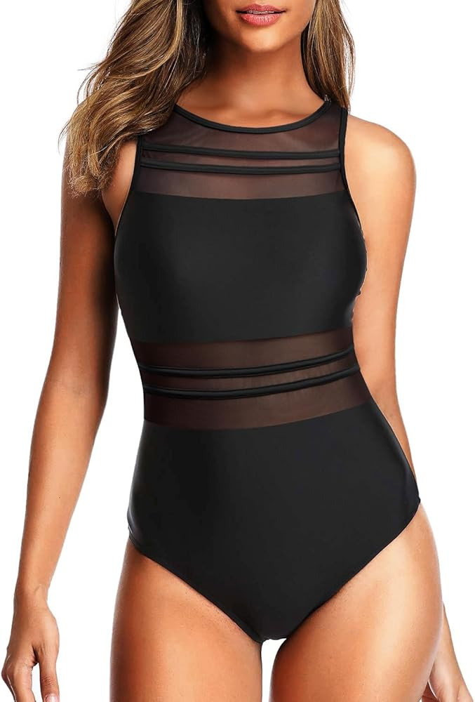 Holipick Women High Neck One Piece Mesh Swimsuits Full Coverage Bathing Suits Slimming Swimwear | Amazon (US)