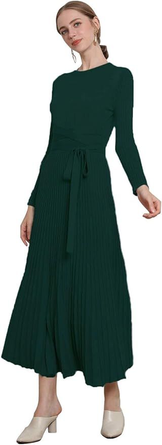 RanRui Women's Cashmere Crew Neck Knit Belt Fitted Pleated Sweater Dress Ankle Length | Amazon (US)