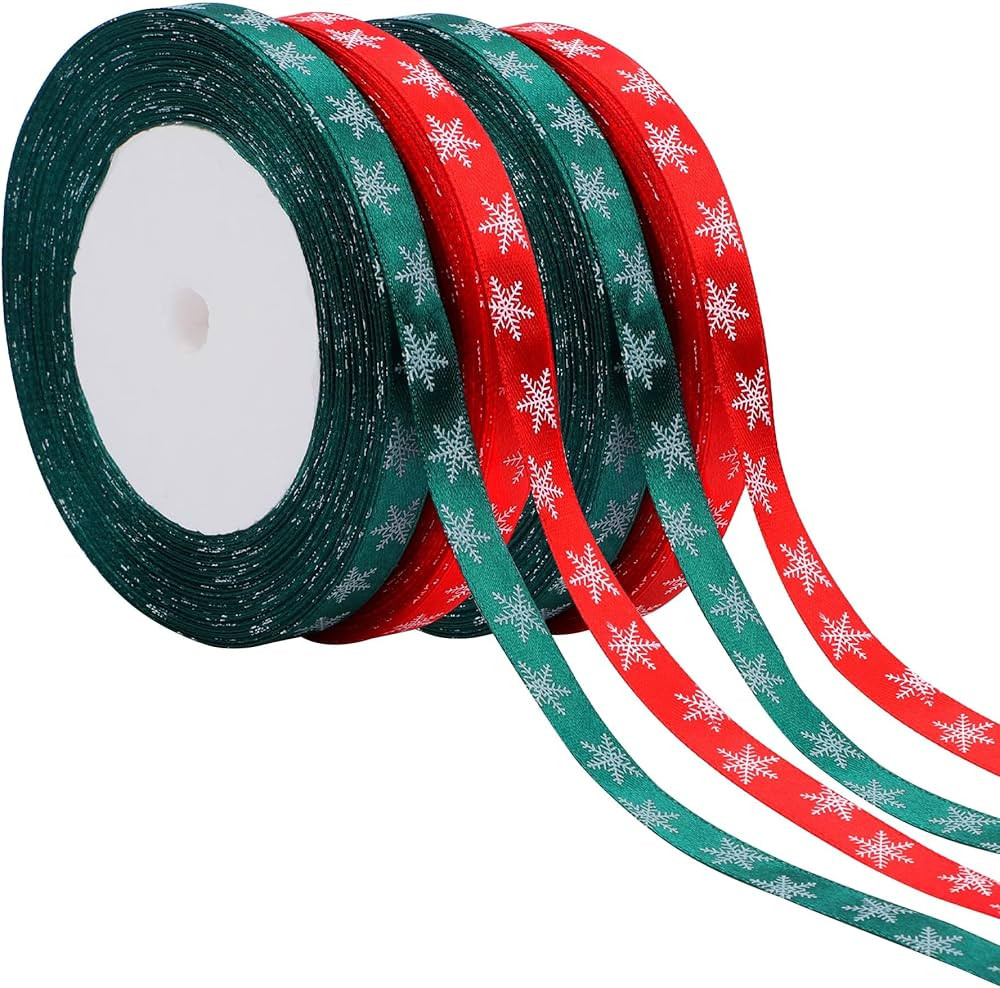 4 Rolls 100 Yards Christmas Snowflake Ribbons for Gift Wrapping, 10mm Wide Red and Green Satin Ri... | Amazon (US)