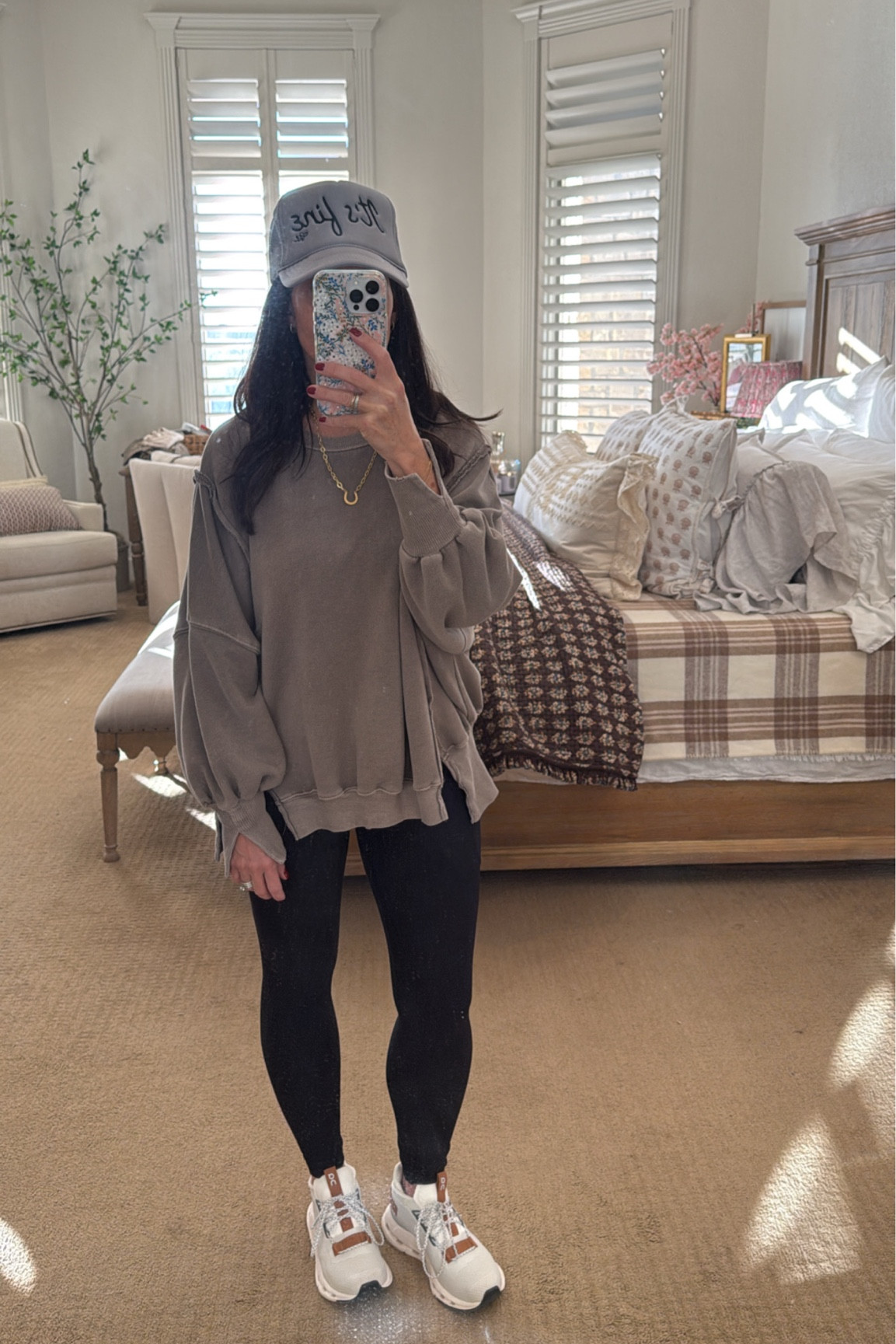 Linking what I can! Wearing an XS in sweatshirt, great length for coverage, and very oversized, so size down! And my shoes are finally back in stock and run TTS! 