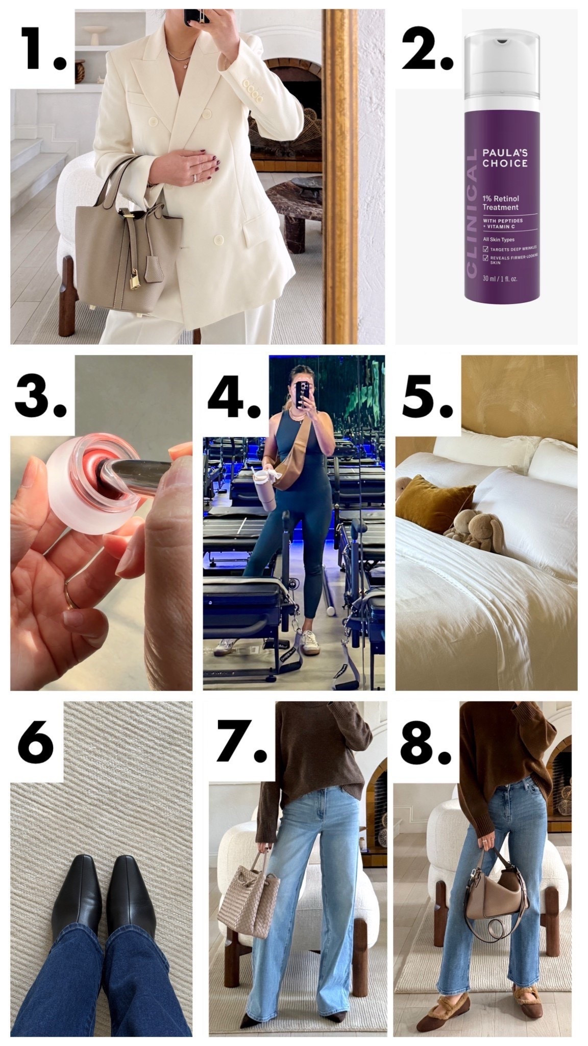 MY LIST ♥️

1.) Amazon Bag: high quality, simple and elegant bucket bag. Easy to wear with all outfits and all seasons. 

2.) Paula’s Choice Retinol: Completely changed my skin for the better. I highly recommend starting slow (pea size, on completely dry skin, twice a week at night) before increasing to see how your skin tolerates it. 

3.) Amazon Lip/Cheek pots: Highly pigmented, very easy to apply and blend and long lasting!

4.) Spanx Leggings: An absolute favorite! Shows no folds or camel toe. I wear a Small in them, length is petite-friendly. CURRENTLY ON SALE!

5.) Quince bedsheets: We have these bedsheets in ALL our bedrooms. We love them *that* much! They're so soft, breathable and cooling (temperature regulating).

6.) Staud boots: These boots are so good, I bought two! Sleek, comfortable, and complement almost every leg opening and outfit. I find the fit TTS. I’m a size 5 and take a size 5 in these.

7.) Quince Bella Wide Leg: Very comfortable for midsection/postpartum tummy! Flattering wide/straight leg shape. I’m wearing 26x30, color ‘Frosted Blue’.

8.) Quince Bella Straight Leg: Midsection comfortable and petite-friendly! I’m wearing 26x26. Super comfortable with stretch and it doesn’t lose shape after hours of wear throughout the day. Color ‘Seaside Blue’.#LTKFindsUnder50 



#LTKdayinmylife #LTKBeauty #LTKPetite