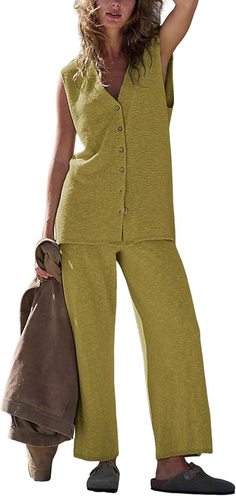 Lviefent Womens 2 Piece Outfits Sweater Set Sleeveless Button Down Vest Top Knit Wide Leg Pants S... | Amazon (US)