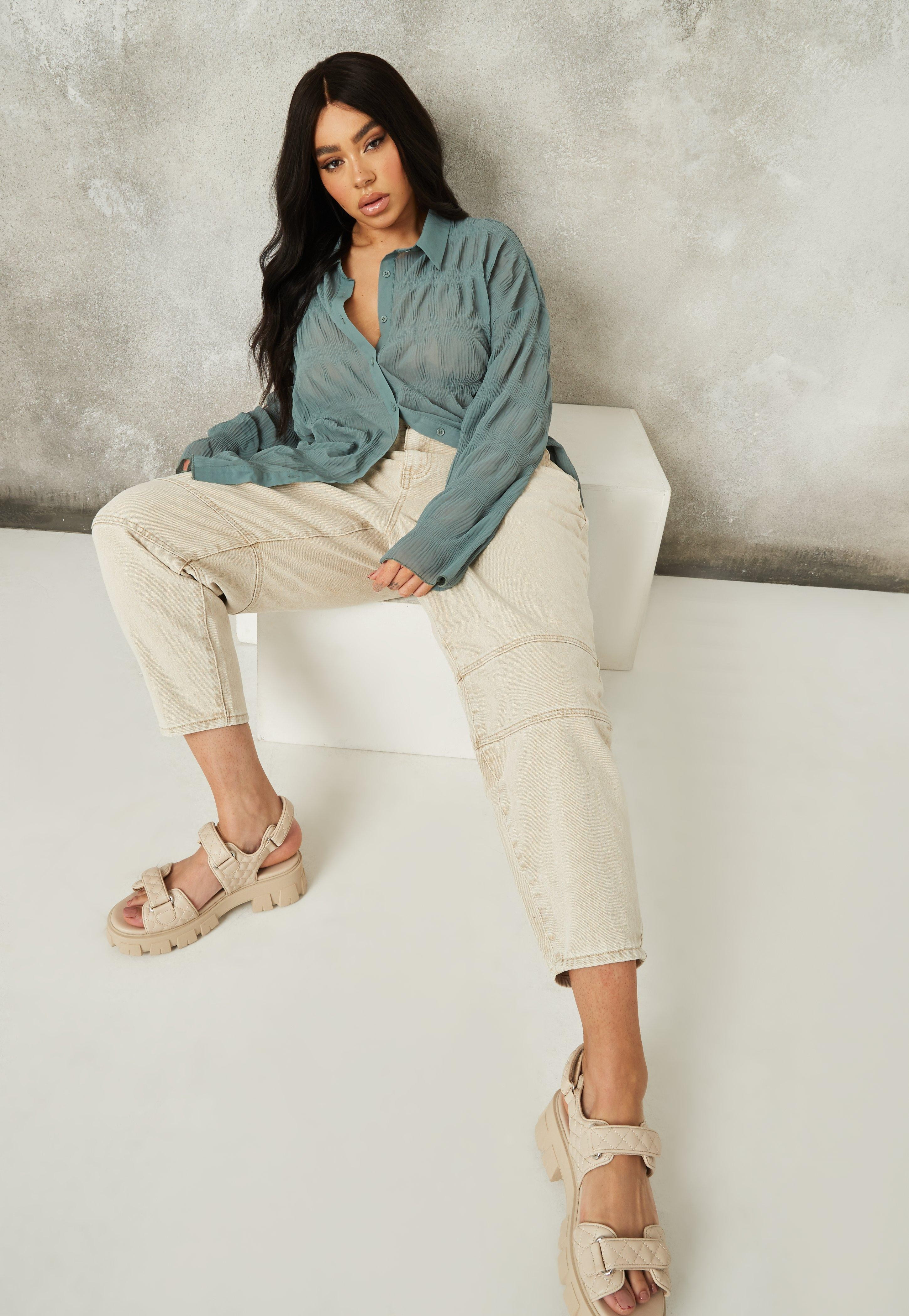 Plus Size Olive Sheer Crinkle Extreme Oversized Shirt | Missguided (US & CA)