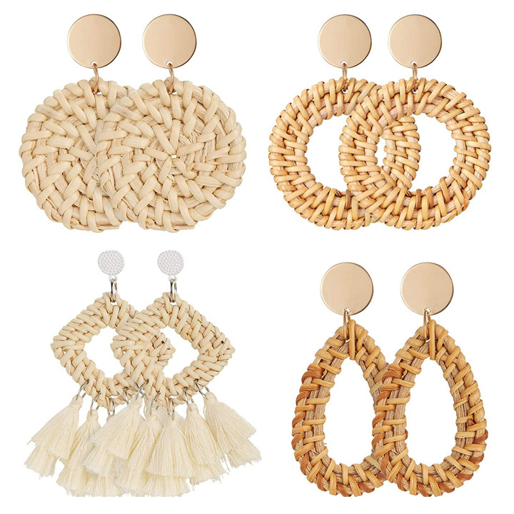 4pairs Rattan Earrings, Lightweight Geometric Shape Tassel Bohemian Earrings, Straw Wicker Weave ... | SHEIN