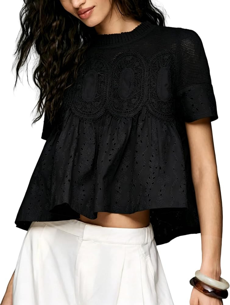 SKIKYAN Women Short Sleeve Lace Eyelet Top Casual Babydoll Blouse Round Neck Cropped Tops Loose F... | Amazon (US)