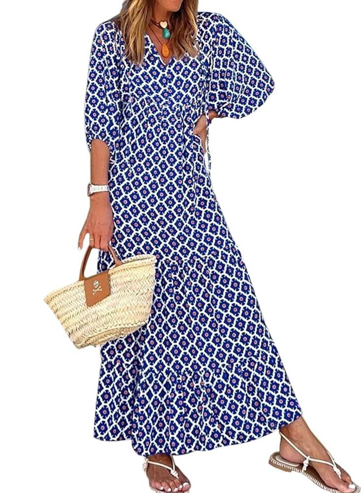 miduo Womens Loose Fit Casual Summer V Neck Half Sleeve Bohemian Geometric Pattern Maxi Long Dres... | Amazon (US)