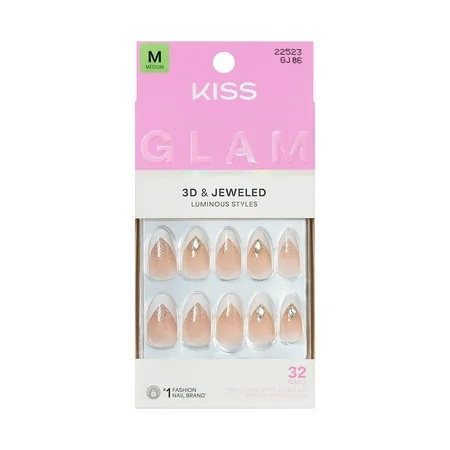 Kiss Glam 3D & Jeweled Medium Almond Press-On Nails, Neutral, 32 Pieces | Walmart (US)