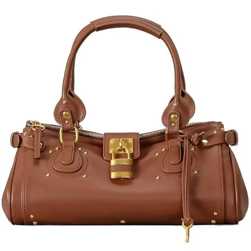 louceko Women PU Leather Vintage Y2K Lock East West Bag Top Handle Handbag Retro Studded Underarm Shoulder Satchel Purse, Brown, LCK2602A | Amazon (US)