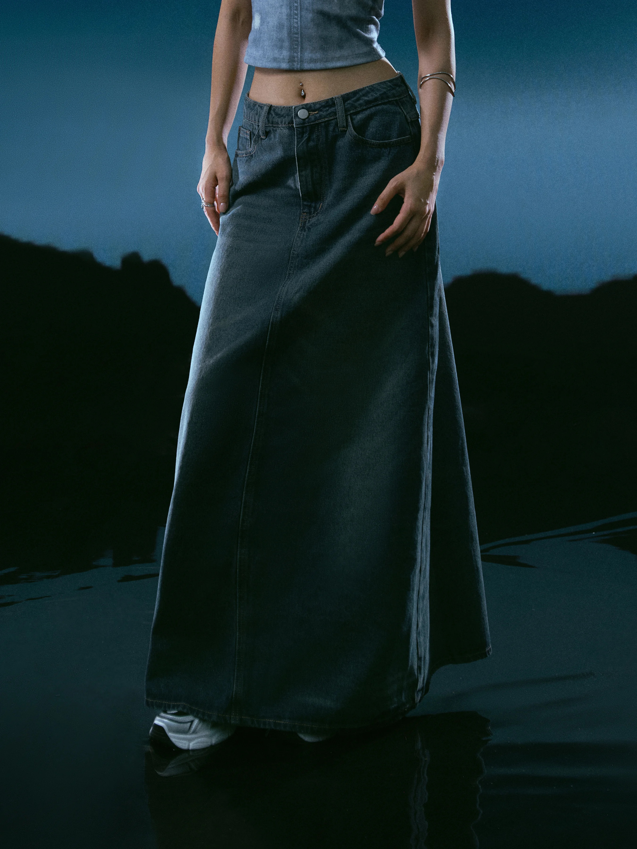 Cowboy Denim Skirts Western Outfits Denim Denim Mid Waist Solid Pocket Maxi Skirt For Daily Casua... | Cider