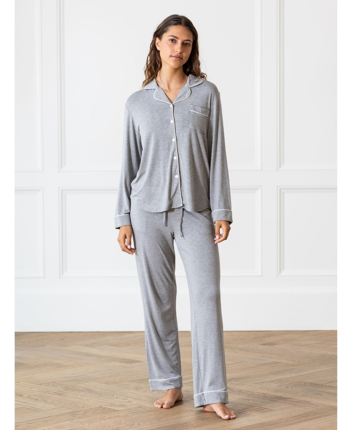 Cozy Earth Women's Long Sleeve Stretch-Knit Viscose from Bamboo Pajama Set - Grey | Macy's