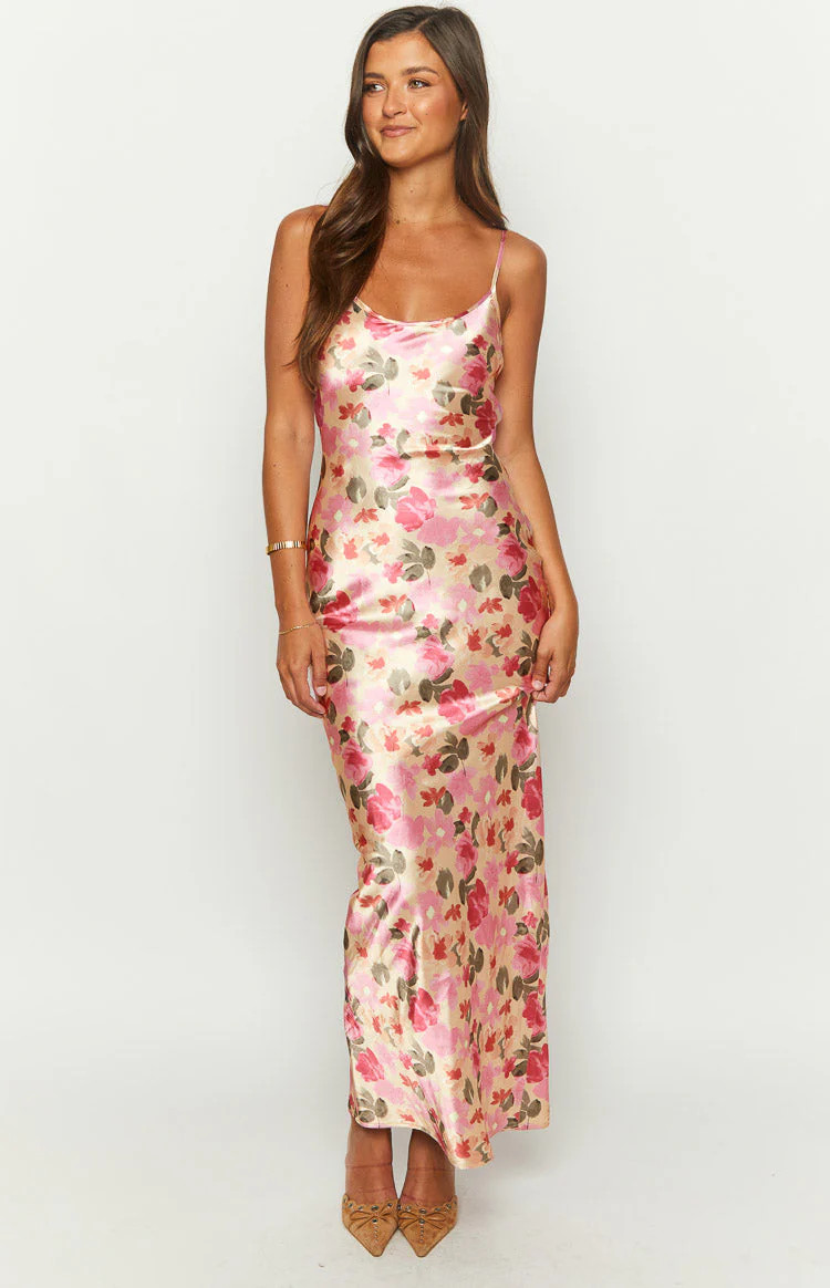 Renesmee Yellow Floral Print Satin Maxi Dress | Beginning Boutique (US)