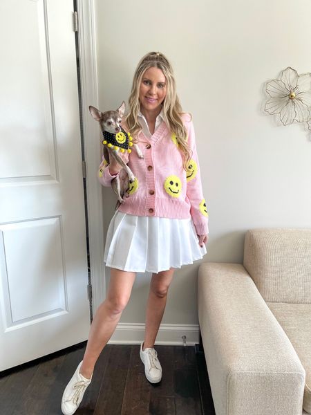 The cutest smiley face cardigan! Love it so much I have in pink and khaki!

Fall outfit, dog bandana, preppy style, pleated mini skirt, button down shirt

#LTKSeasonal #LTKunder50 #LTKstyletip