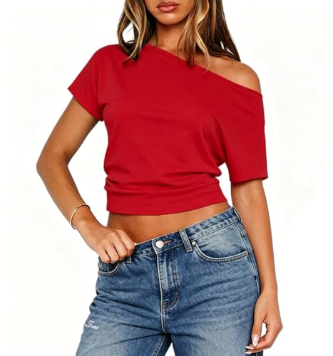 BONITEE Women Sexy Cropped One Shoulder Tops Summer Off The Shoulder Shirts | Amazon (US)