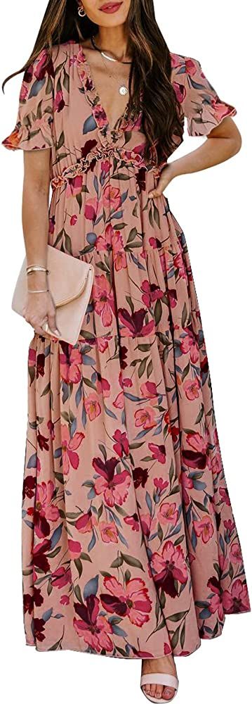 BLENCOT Women's Casual Boho Floral Printed Deep V Neck Dress | Amazon (US)