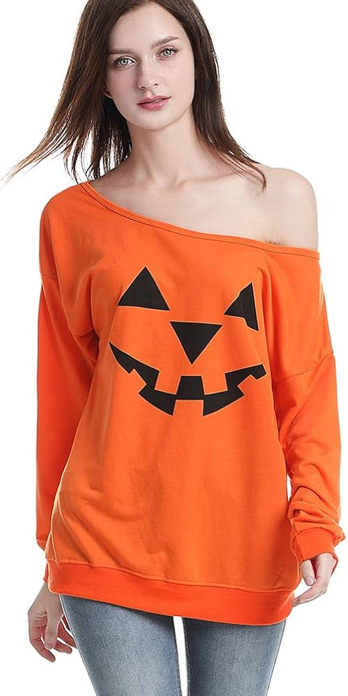 Rysly Womens Sexy Off the Shoulder Halloween Pumpkin Sweatshirts Pullover Costumes Plus Size | Amazon (US)