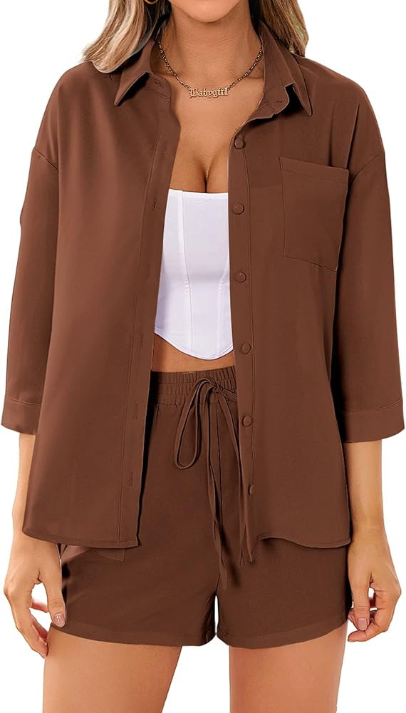 MakeMeChic Women's Casual 2 Piece Outfits Long Sleeve Button Down Shirt and Shorts Set | Amazon (US)