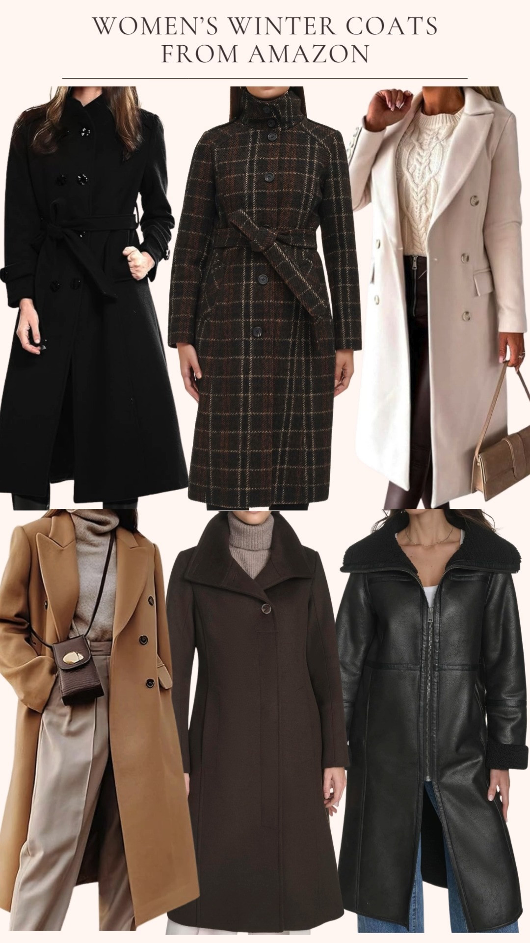Winter coat lineup from Amazon that’s serving all the cozy luxe vibes 🤎🧥 From a cream long wool double breasted trench, a brown classic wool walker with a stand collar and belt, a brown plaid military style coat, a black wool trench with a belt, a plush black faux shearling long coat, and a camel wool double breasted trench. Cold weather, but make it chic. 

 #LTKSeasonal #LTKOver40 #LTKWorkwear