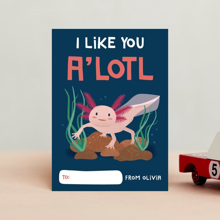 "A'Lotl" - Customizable Classroom Valentine's Day Cards in Blue by Erica Krystek. | Minted