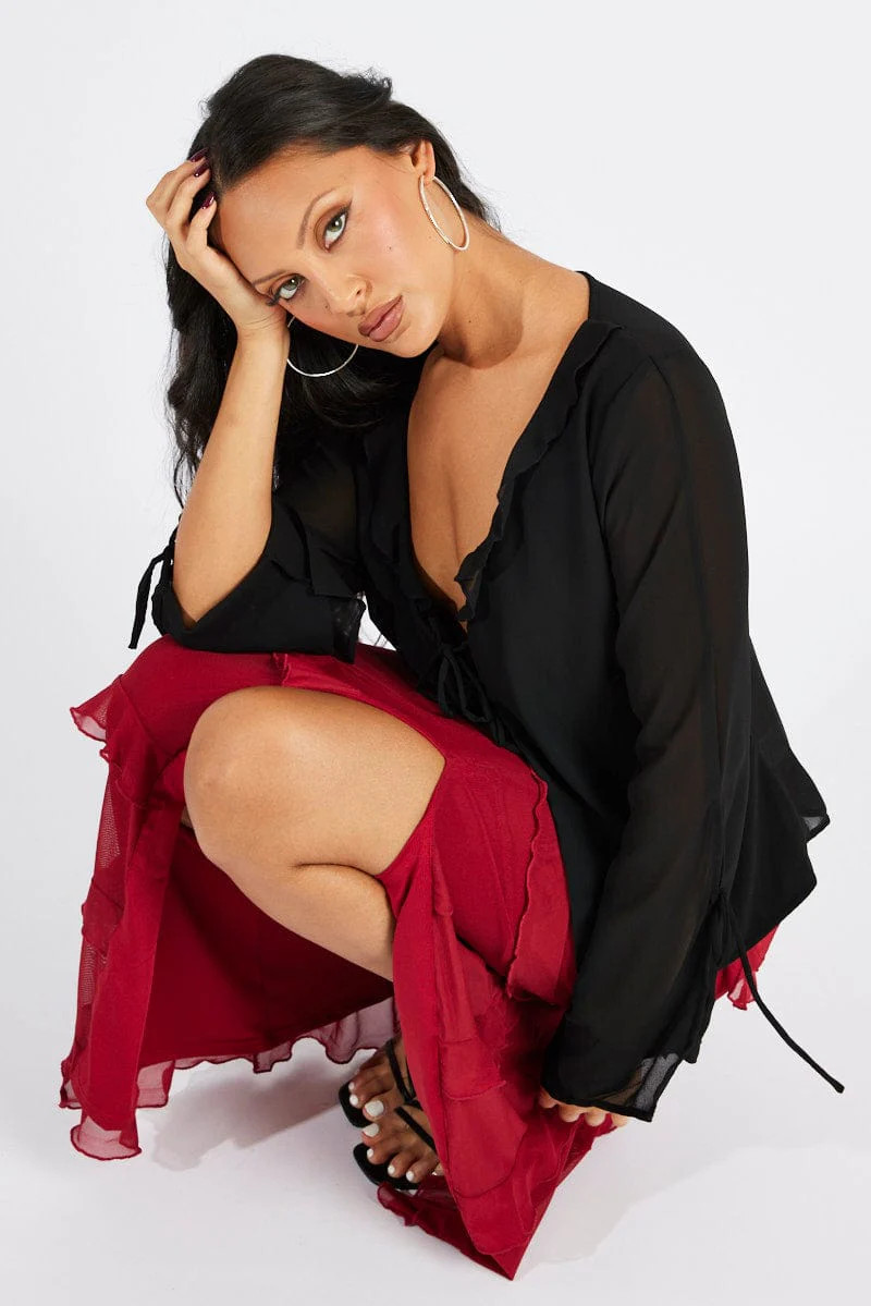 Red Floral Maxi Skirt Mesh Frilled Mesh | Ally Fashion (US, Australia & New Zealand)