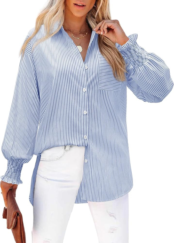 siliteelon Striped Button Down Shirts for Women Long Sleeve Blouses Boyfriend Plus Collared Smock... | Amazon (US)