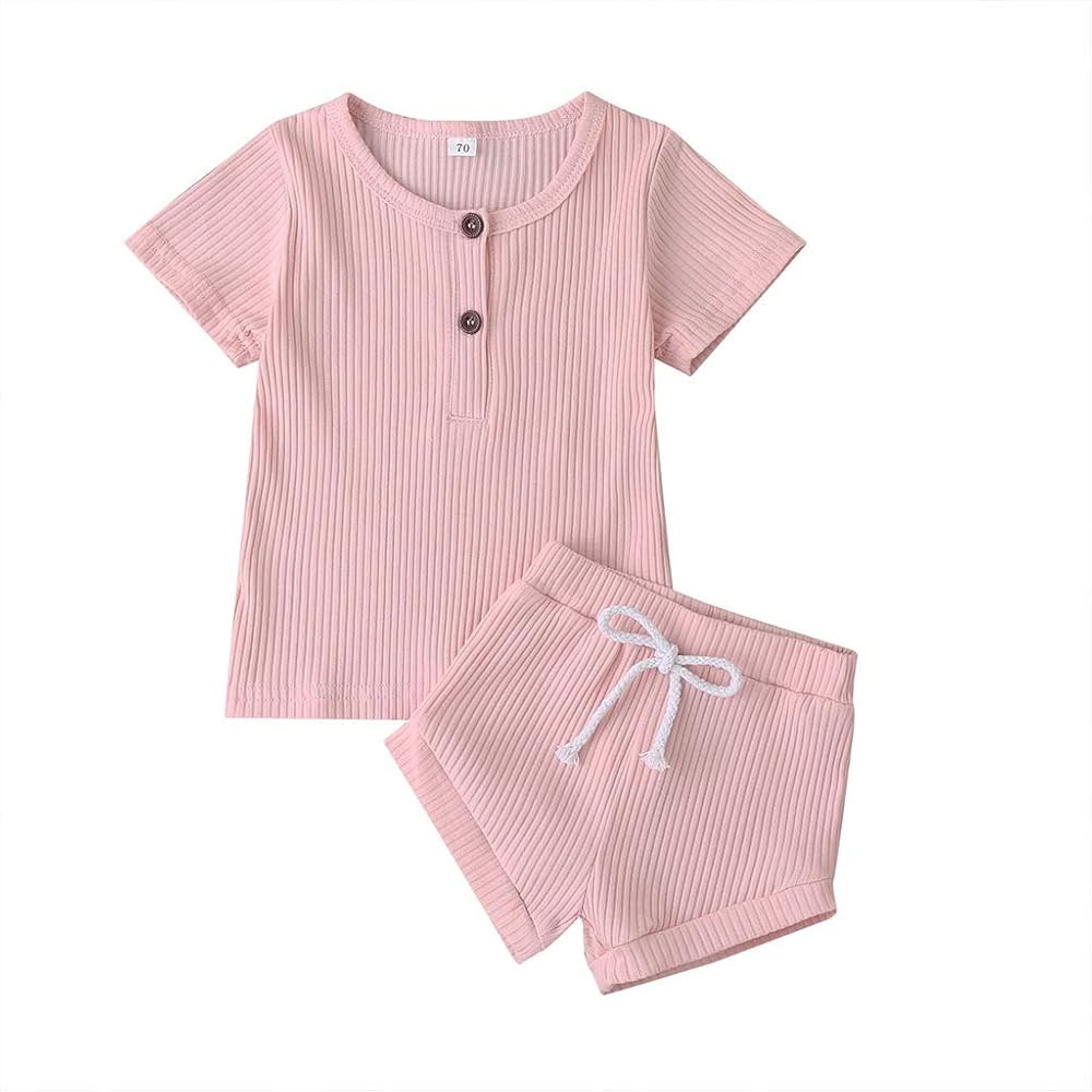Summer Baby Boy Girl Clothes Set Unisex Infant Solid Color Short Sleeve T-Shirt and Shorts Outfits | Amazon (US)