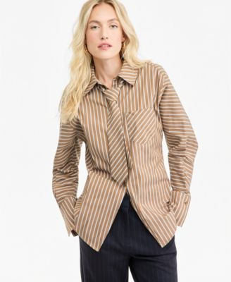 Bar Iii Women's Collared Striped Poplin Tie Shirt, Macy's Exclusive - Brown Combo | Macy's