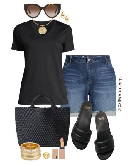Plus Size Olive Linen Pants Outfits 2 - An alternative plus size casual summer outfit idea with denim shorts and a black t-shirt with black slide sandals. Alexa Webb

#LTKplussize #LTKover40 #LTKstyletip