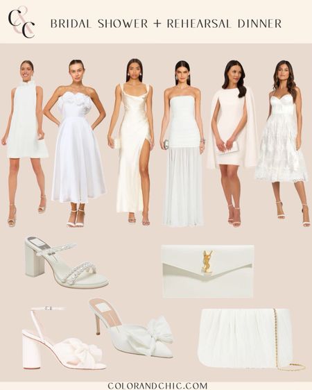 Bridal shower + rehearsal dinner outfits with white dresses, shoes and purse! Love these looks for brides and soon to be brides 

#LTKWedding #LTKStyleTip