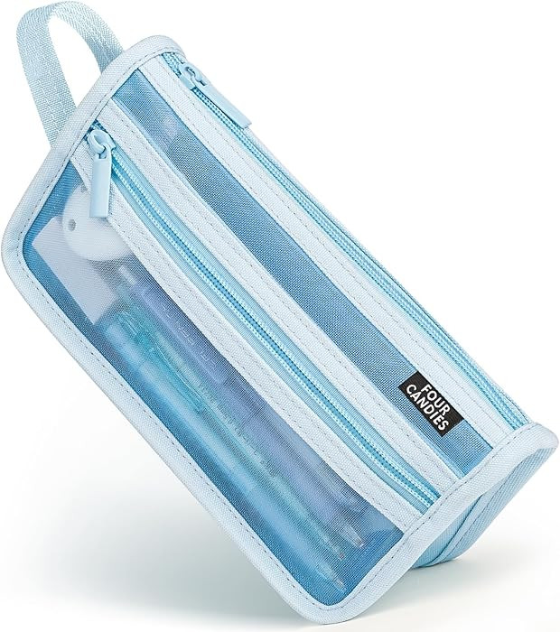 Four Candies Grid Mesh Pencil Case with Handle and Zipper, Clear Double-layer Pencil Pouch Marker... | Amazon (US)