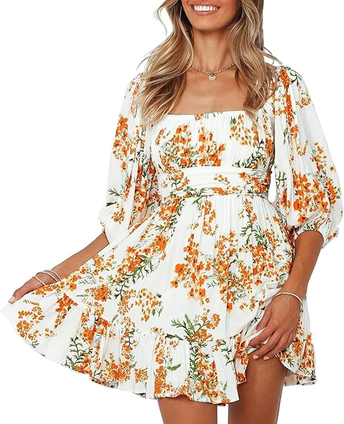 Senllen Women's Lantern Sleeve Tie Back Dress Ruffled Off The Shoulder A-Line Summer Mini Dress O... | Amazon (CA)